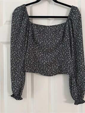 Abercrombie & Fitch Black Floral Square-Neck Puff Sleeve Crop Top